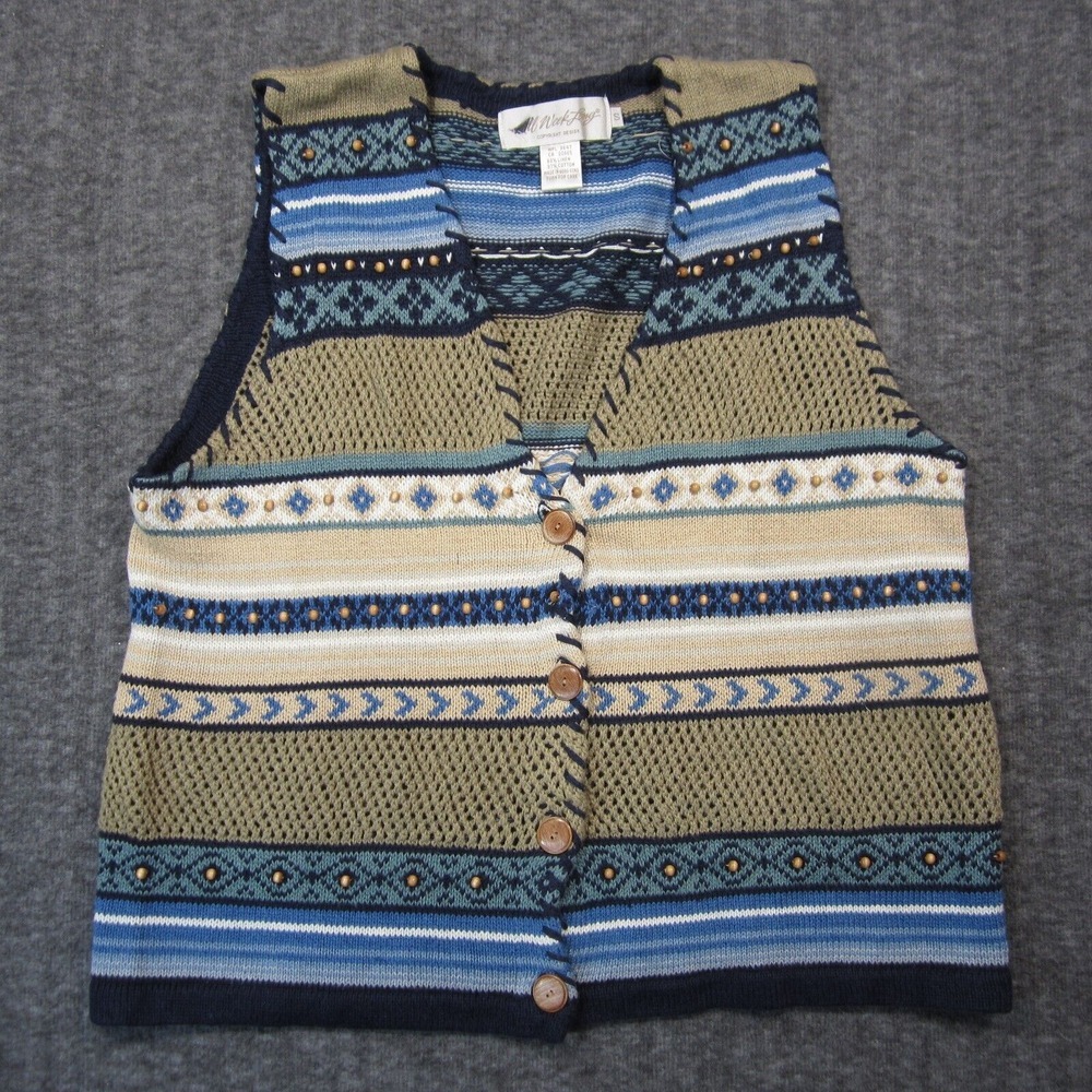 Vintage All Week Long Linen Sweater Vest S Blue Beige Beaded Coastal Grandma 80s